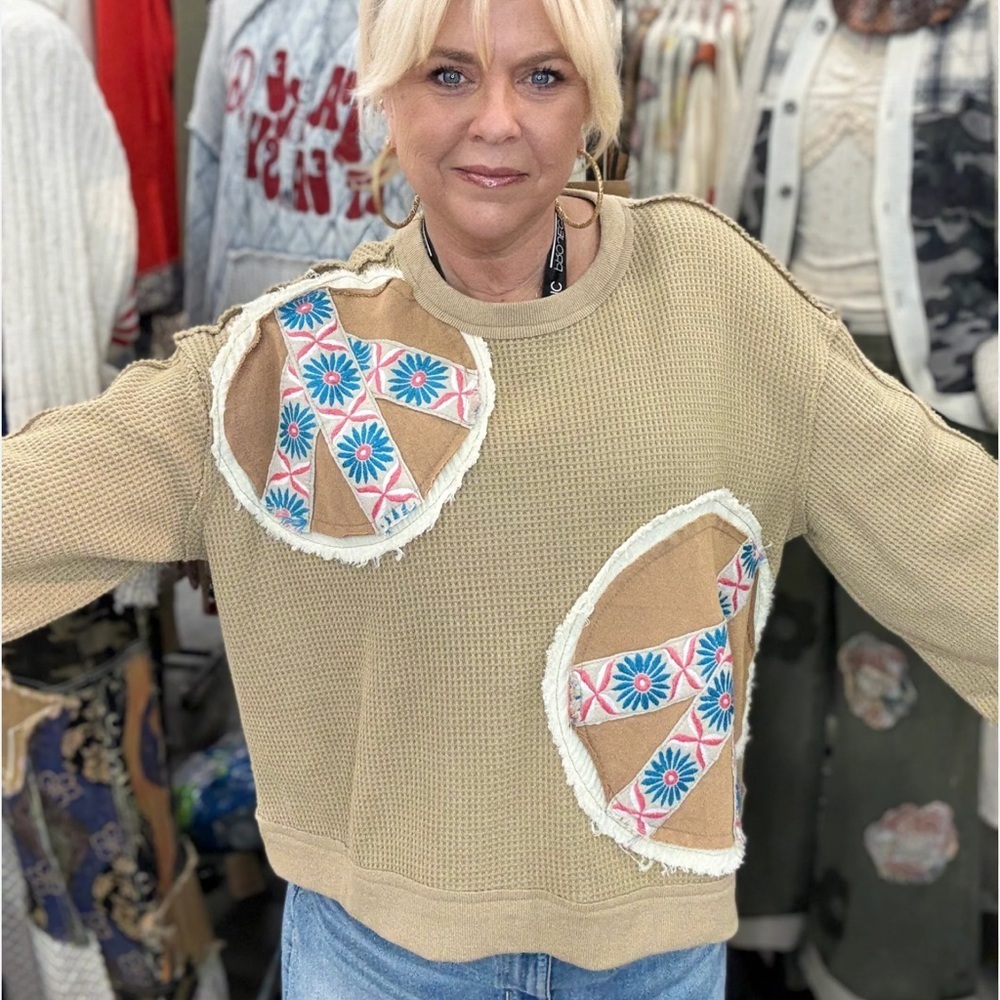 Pol Patchwork Oversized Turquoise, pink, and mocha with cream top.
